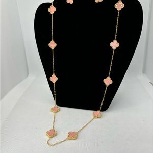 Pink and gold clover, necklace and earring set